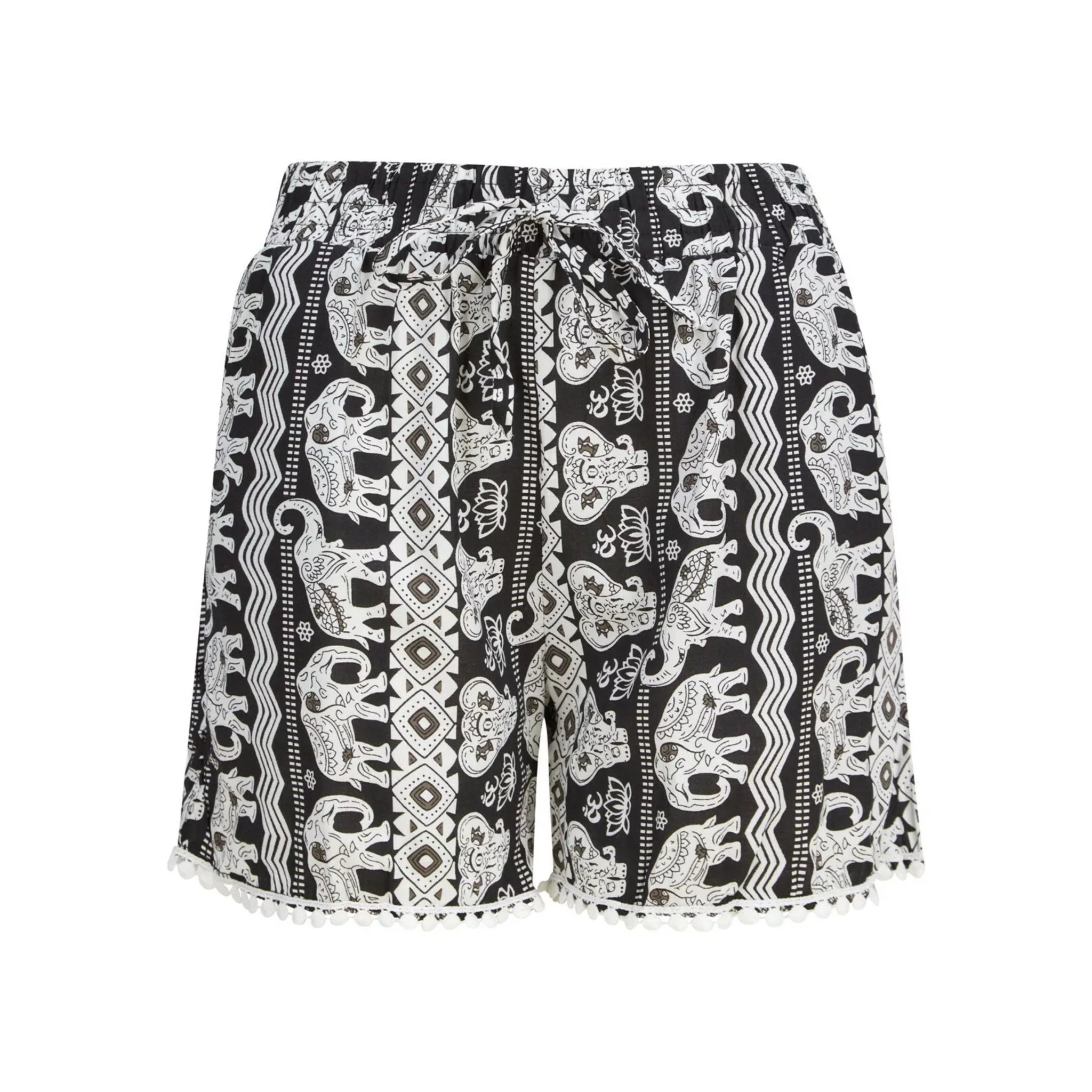 Ladies' black and white 100% cotton elephant print shorts with boho pattern, drawstring waist, and pom-pom hem – lightweight summer holiday shorts